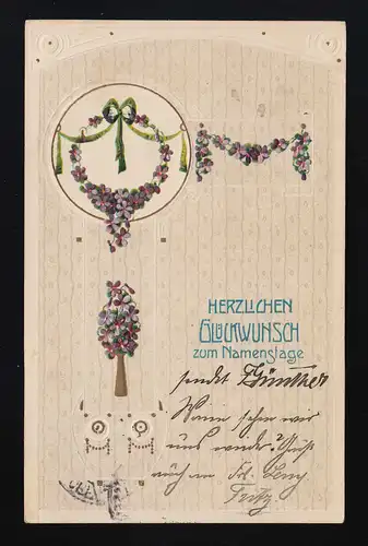 Veilchen Ranken Band grün Ornamente Glückwunsch Namenstag, Düsseldorf 24.11.1913