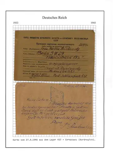 Poste de prisonniers de guerre Carte Camp 437 Tcherepovets Russie à Berlin 27.9.1946