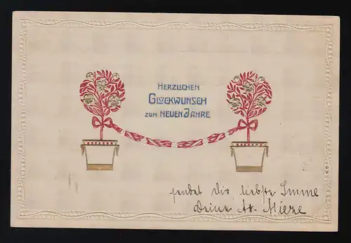arbres avec des fleurs dorées ruban rouge, Félicitations Nouvel An Algermissen 31.12.1910