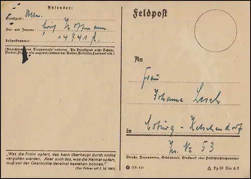 Feldpostkarte Feldpost-Nr. 14341 geschrieben 16.2.44 aus Südrussland