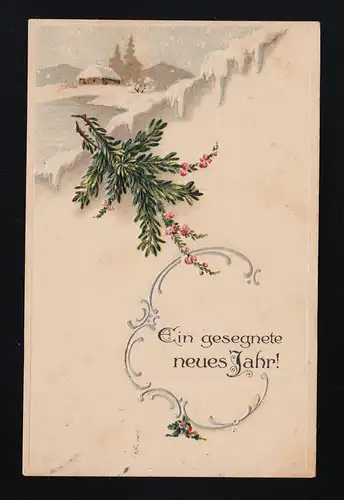 Dorf im Schnee Reisig florale Ornamente neues Jahr, Jugendstil Passau 24.12.1916