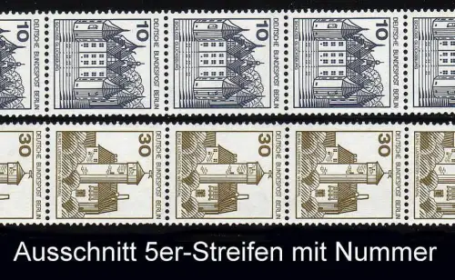 532+534 BuS 10 Pf/30 Pf. LETTERSET komplett im 5er-Streifen mit Zählnummer, **