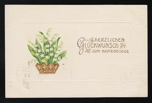 Krone gold mit Kreuze und Maiglöckchen, Glückwunsch Namenstag, Metz 9.3.1914