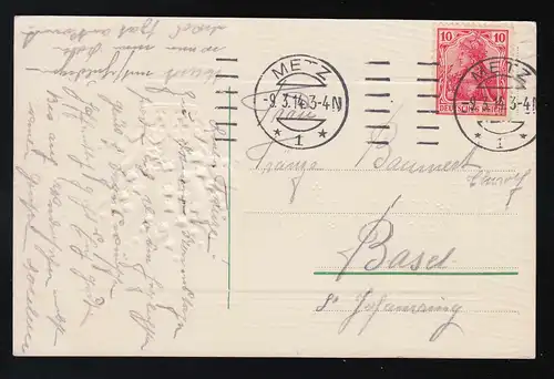 Couronne or avec croix et jeune fille, Félicitations Nom, Metz 9.3.1914