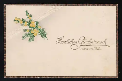 Fleurs jaunes sur Raiseg Branche, Félicitations pour la nouvelle année, Bassum 31.12.1919
