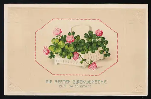 weißer Korb blühender Klee, Glückwünsche Namenstag, München  25.7.1913