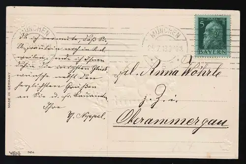 Panier blanc trèfle fleuri, Félicitations Nomstag, Munich 25.7.1913