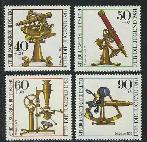 641-644 Jugend Optik: Theodolit, Äquatoreal, Mikroskop, Sextant 1981, Satz **