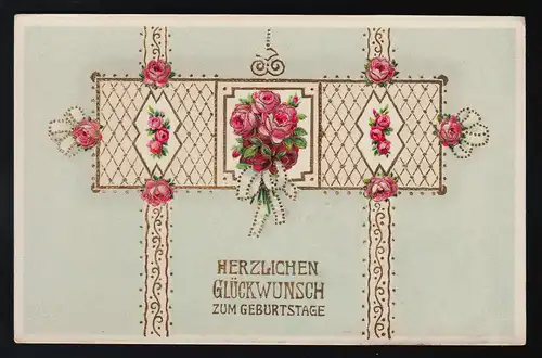 Rosen goldenes Gitter + Schleifen, Glückwunsch Geburtstag, Marienwalde 15.9.1913