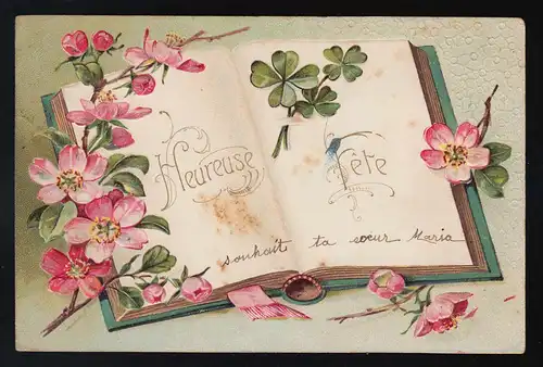 Heureuse Fête, Buch mit rosa Blüten und Klee, Liège/ Blankenberg 13.8.1905