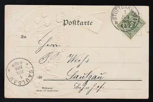 Hufeisen Maiglöckchen & Marienkäfer, Pfingstgrüsse, Stuttgart /Saulgau 1.6.1900