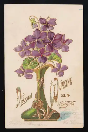 Grüne Jugendstil Vase Gold Veilchen, Besten Wünsche Geburtstag, Dessau 1.9.1904