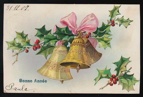 Bonne Annee, cloches dorées sur branches de palmiers, Liège vers Eupen, 31.12.1907