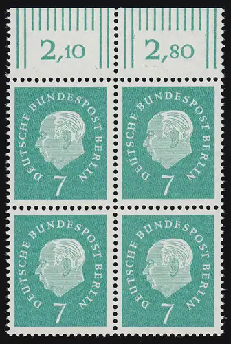 182 Heuss 7 Pf OR-Quaterbl. ** Postfraîchissement