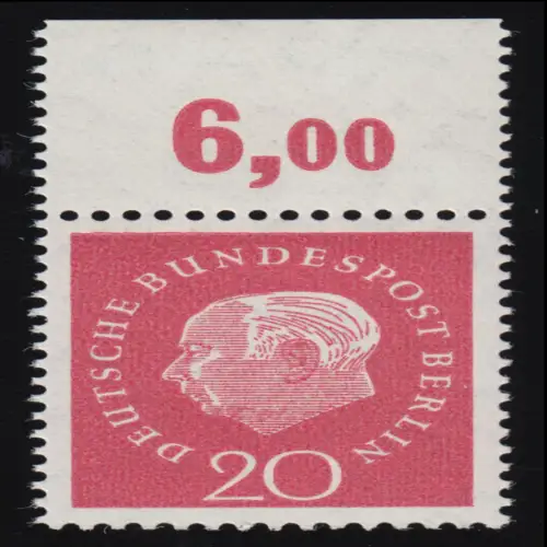 184v Heuss 20 Pf - Plattendruck/geriffelte Gummierung Oberrand **