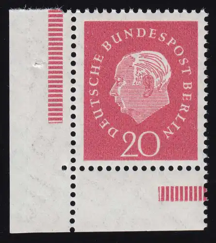 184v Heuss 20 Pf - Plattendruck/geriffelte Gummierung Ecke ul **
