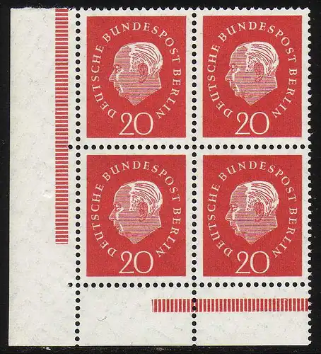 184v Heuss 20 Pf - Plattendruck/geriffelte Gummierung Eck-Vbl. ul **