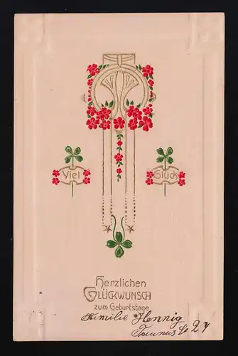 Graf. Ornamente Gold Rot Blüten Klee Viel Glück Geburtstag, gelaufen 21.11.1910