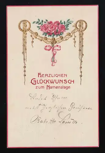 Goldene Ranken Bänder halten Rosenstrauß Glückwunsch Namenstag München 21.1.1910