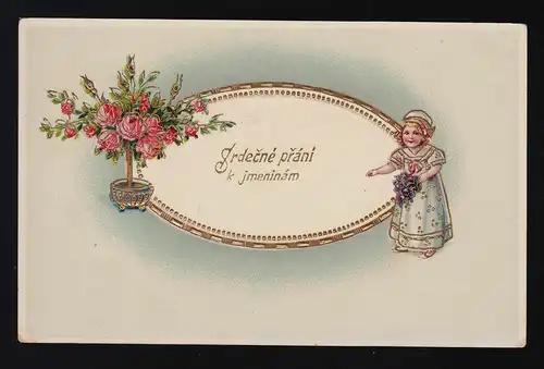 Srdečné přání k jmeninám Rosier cadre en or enfant avec fleurs, Prague vers 1908