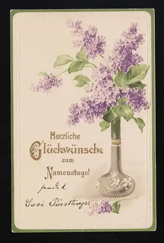Lila Flieder graue Vase Blütenornamente Glückwunsch Namenstag München 20.10.1904