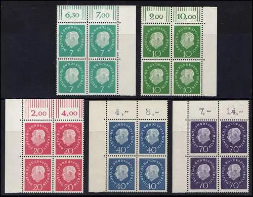 182-186 Heuss Medaillon als Eckrand-Viererblöcke oben, ungefaltet, Satz **