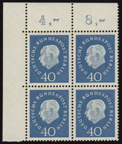 185 Heuss 40 Pf Eck-Vbl. ol ** postfrisch