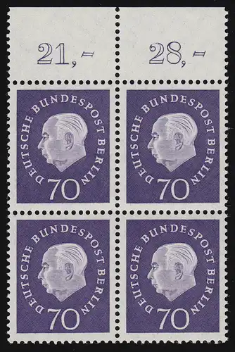 186 Heuss 70 Pf OR-Quaterbl. ** Postfraîchissement