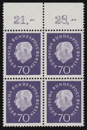 186 Heuss 70 Pf OR-Viererblock, postfrisch **