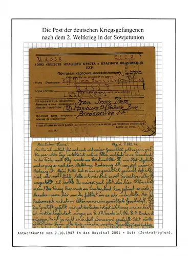 Poste de prisonniers de guerre Carte de réponse à l'hôpital 2851 Usta URSS Hambourg 9.10.1947