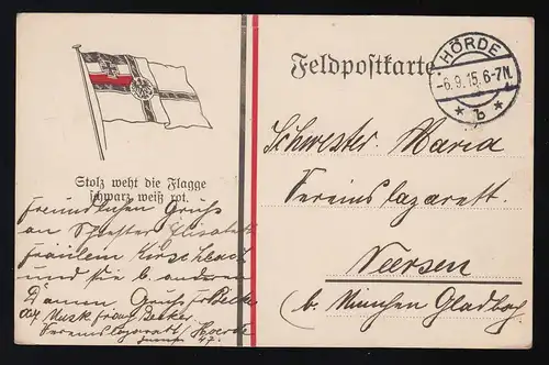 Feldpostkarte Stolz weht die Flagge schwarz weiß rot nach Neersen Hörde 6.9.1915