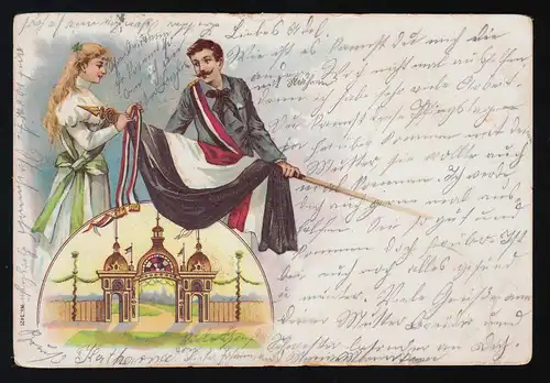 Frau knüpft Band an Reichsflagge die Mann hält, Schaag /Anrath 28. + 29.5.1903