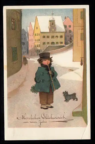 Enfant avec chien dans les rues enneigées d'une ville, Nouvel An, Zurich 31.12.1932