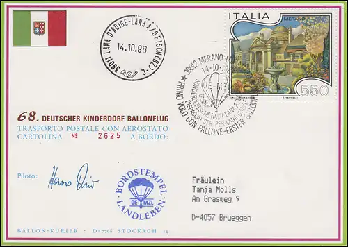 68. Kinderdorf-Ballonpost OE-MZL LANDLEBEN Meran - Lana / Italien 14.10.1988