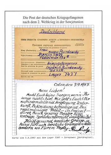 Poste de prisonniers de guerre Camp 7437 Tcherepovets Russie à Berlin du 7.9.1947