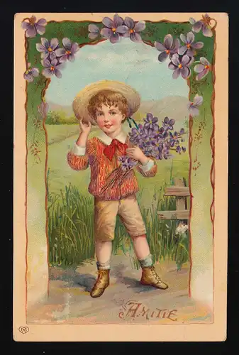 "Amitie" Garçon au bouquet de violette devant les champs, les arcs de fleurs, Montpellier 9.1908