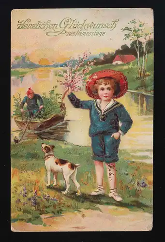 Junge am See, Hund und Fischersmann, Namenstag, Beuel / Brünn (Mähren) 16.8.1914