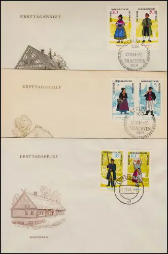 1074-1079 Volkstrachten 1964:  Satz mit 3 Zusammendrucken auf Schmuck-FDCs