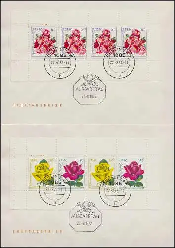 HBl. 14A und HBl. 15A Rosenausstellung-Heftchenblätter, beide auf FDC BERLIN ZAW