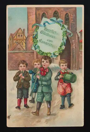 Kinder bringen Ständchen mit Werkzeugen, Namenstag Saubernitz (Zubrnice) um 1910