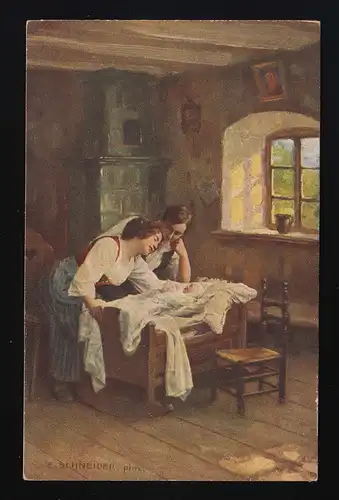 Père Mère bébé berceau artiste E.Schneider "Le bonheur parental suprême" inutilisé