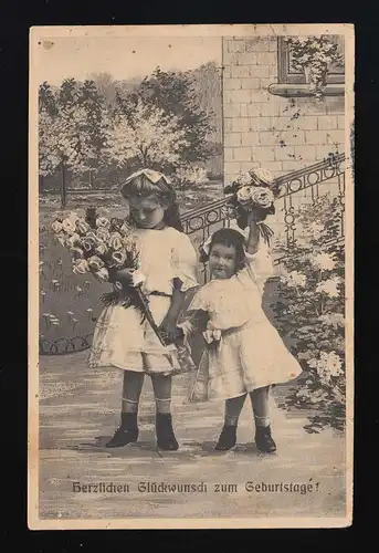 2 Mädchen in weißen Kleidern mit Rosen Sträuße, Geburtstag, Hannover 2.1.1909