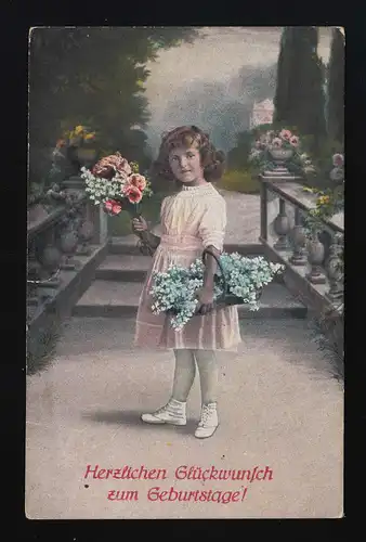 Foto koloriert, Mädchen rosa Kleid Blumen, Glückwunsch Geburtstag Pressig 8.1889