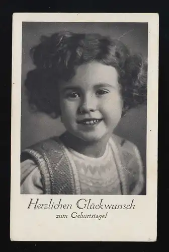 Mädchen dunkle Locken Foto Lächeln, Glückwunsch Geburtstag, Itzehoe 13.9.1938