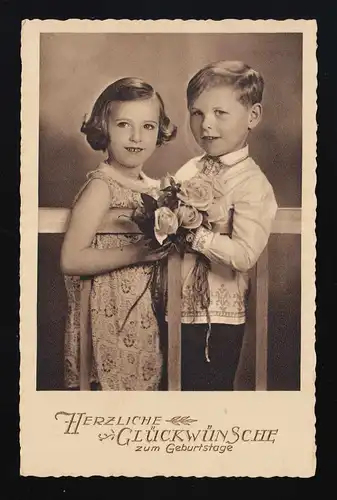 Junge & Mädchen, festlich mit Rosen, Glückwunsch Geburtstag, Darmstadt 8.11.1938