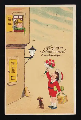Enfants Cavalier & Chien apporte des roses, art AK, anniversaire, Cologne-Nippes 11.8.1926