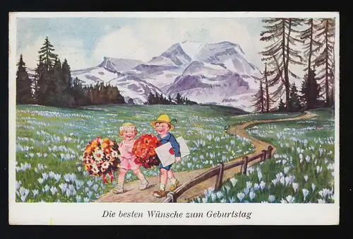 Kinder bringen Blumen, Alpen Tal blühende Wiese, Geburtstag, Nürnberg 2.2.1928