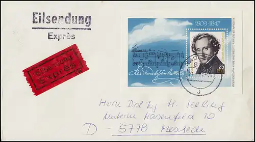 Block 76 Compositeur Mendelssohn Bartholdy sur lettre d'urgence MAGDEBURG 21.2.1984