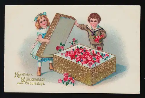 Kinder öffnen goldene Schatulle mit Rosen Geburtstag Wünsche Nordenham 27.3.1935