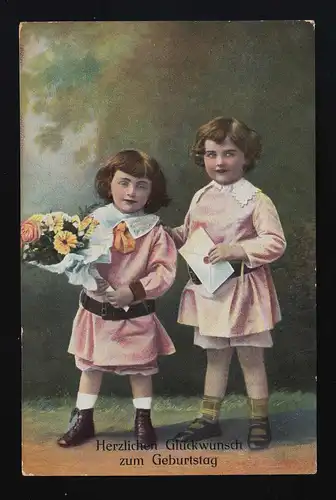 Photo AK, Enfants rose robe fleurs lettre, Félicitations, Anniversaire Leipzig 19.4.14